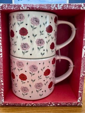 Pink & Cream Rose Stackable Ceramic Mugs (Set of 2)